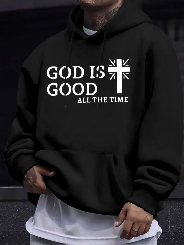 American Western Style unisex Autumn Winter Print Hooded Long Sleeve Sweatshirt, Cross And Faith Text Print Hoodie, Easy Literary Casual Sweatshirt, S