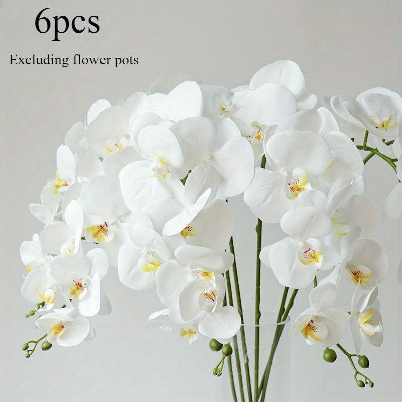 6pcs Realistic Artificial Orchid Stems - Lifelike Butterfly Orchids with Vibrant Green Leaves, Yellow Flowers & Elegant Pottery, Perfect for Home