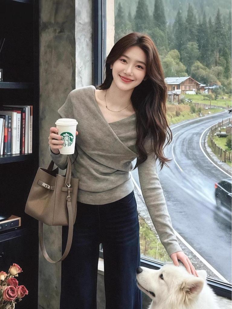 Korean V-Neck Long Sleeve Slimming T-Shirt for Women - Spring, Autumn, Winter