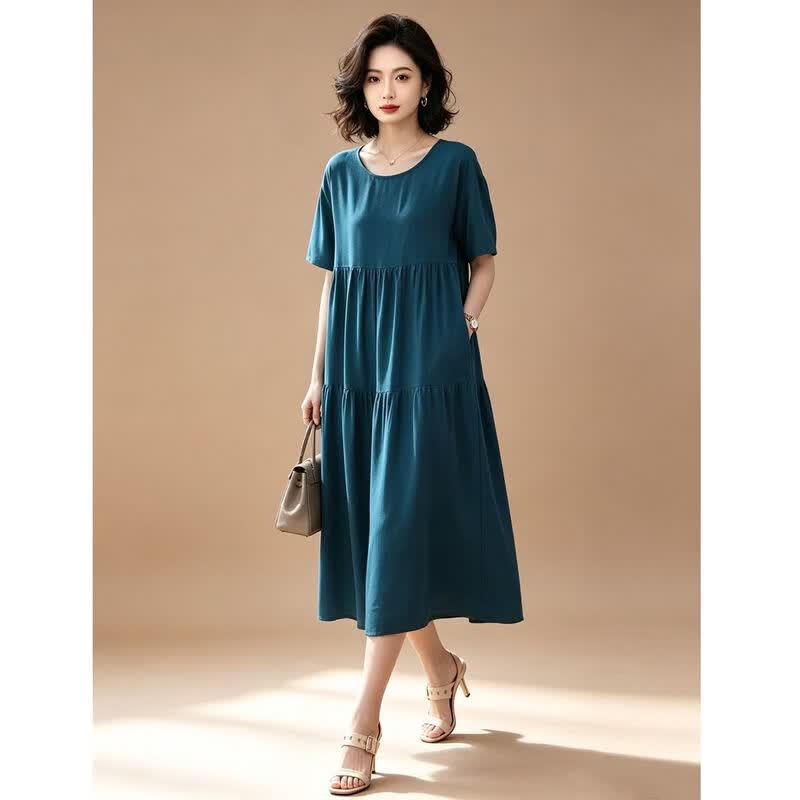 EST+II Women's Yunqi Round Neck Short Sleeve Cake Long Dress