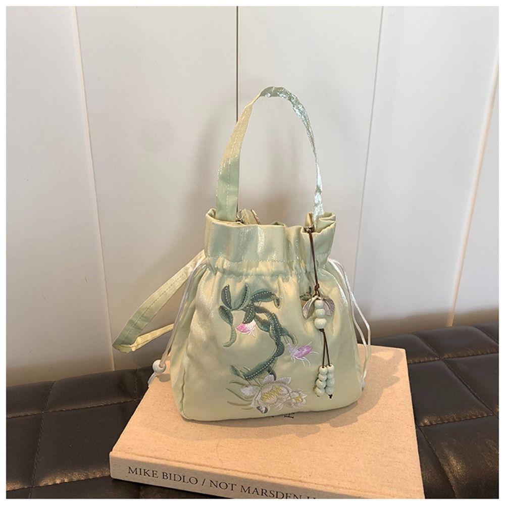 Flower Embroidery Drawstring Bucket Bag Ethnic Style Hanfu Crossbody Bag Shopping