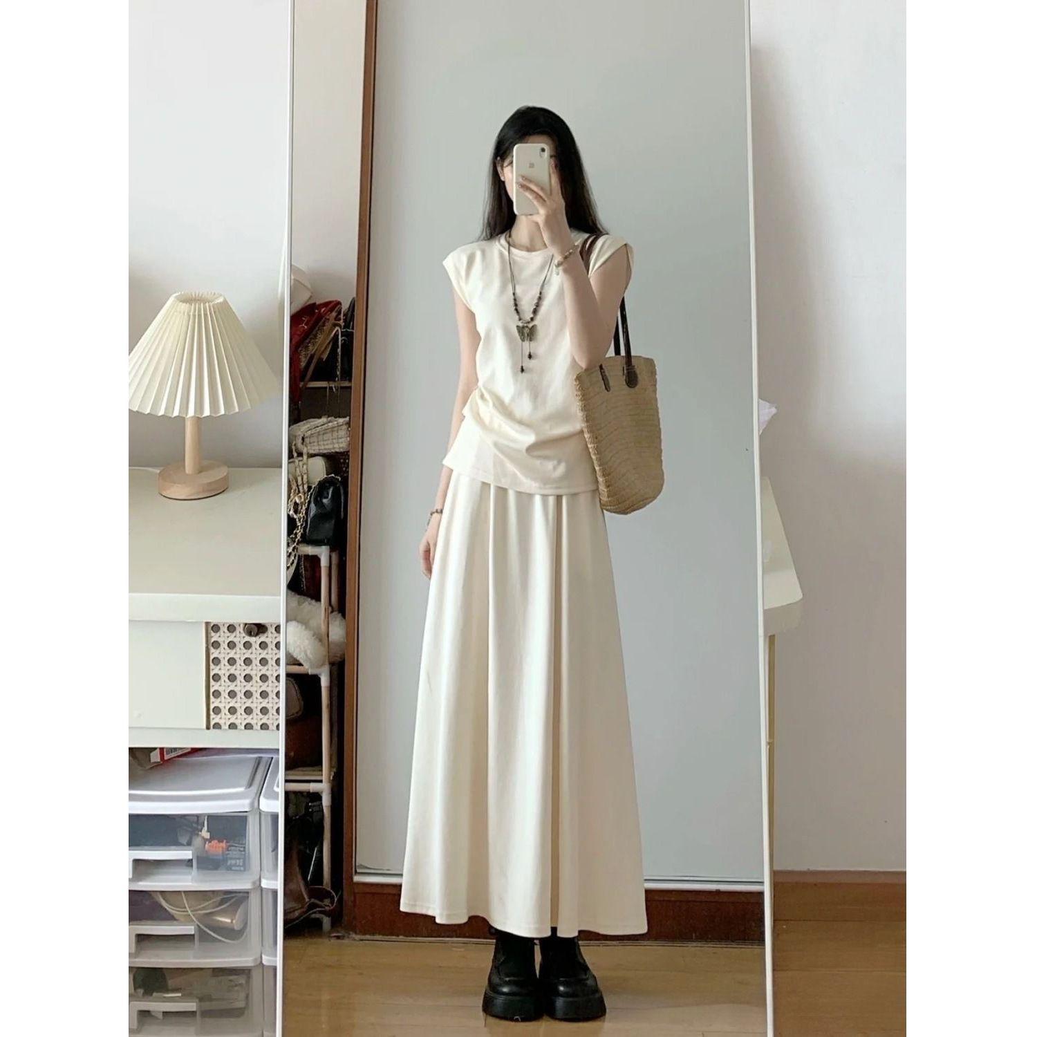 Women s Summer French Salt System Skirt & Sleeveless Top Two-Piece Set XL абрикосовый