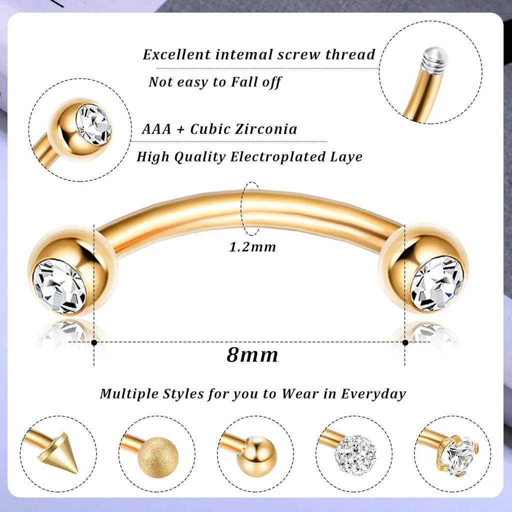 Bobisty Eyebrow Tragus Studs Stainless Steel Curved Barbell Dangle CZ Belly Lip Cartilage Daith Surface Piercing Jewelry