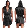 Mens Shiny Satin Hooded Pajamas Boxing Robe with Belt Soft Nightgown Bathrobe Sleepwear Sissy Nightwear Dressing Gown 2pcs