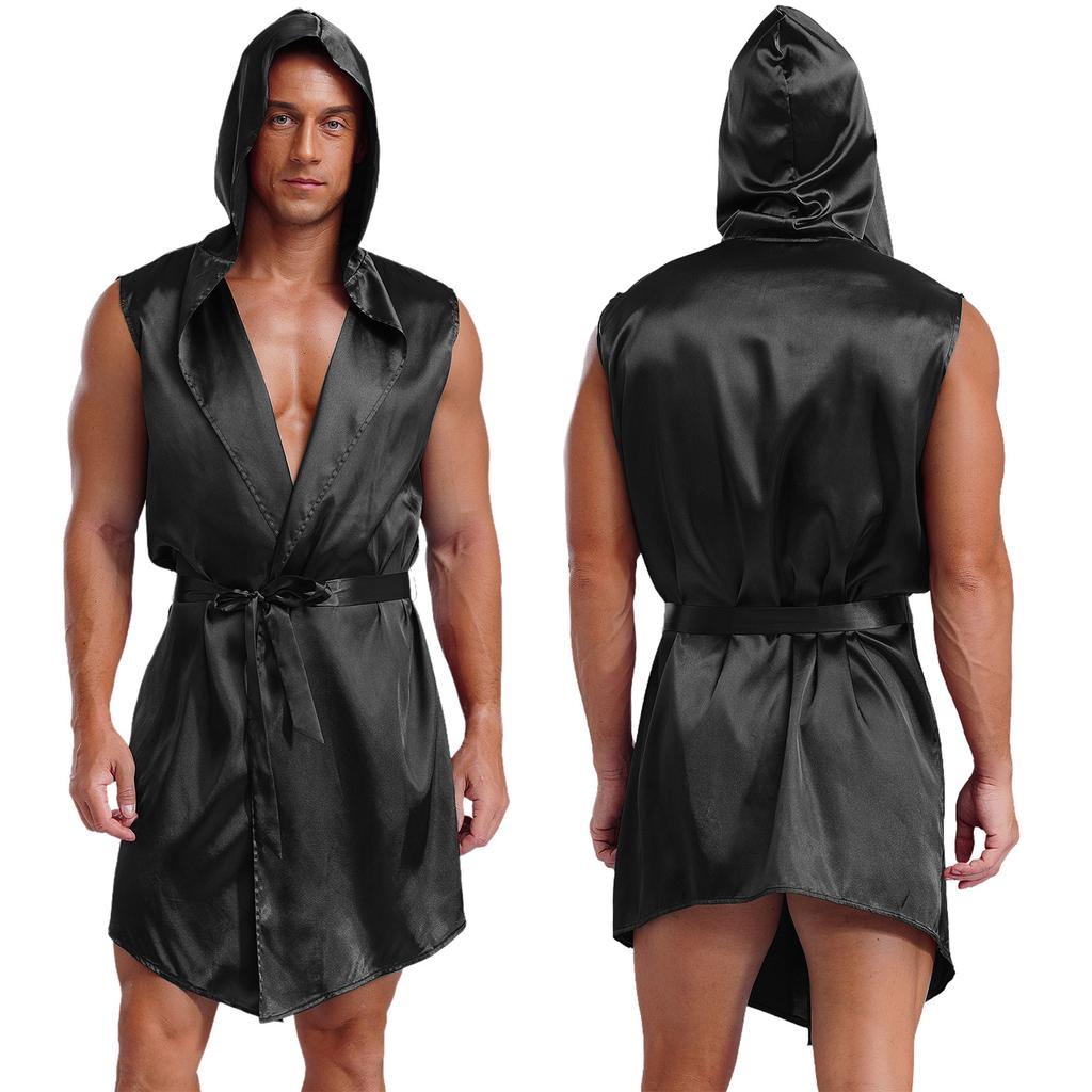 Mens Shiny Satin Hooded Pajamas Boxing Robe with Belt Soft Nightgown Bathrobe Sleepwear Sissy Nightwear Dressing Gown 2pcs