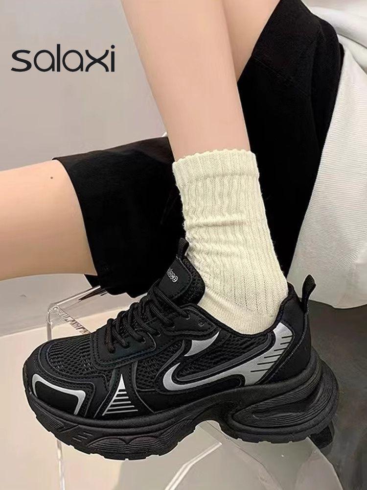 

Женские кроссовки на толстой подошве, увеличивающие рост, лето 2025, новая модная дышащая сетка, легкая спортивная и повседневная обувь 40 чёрный