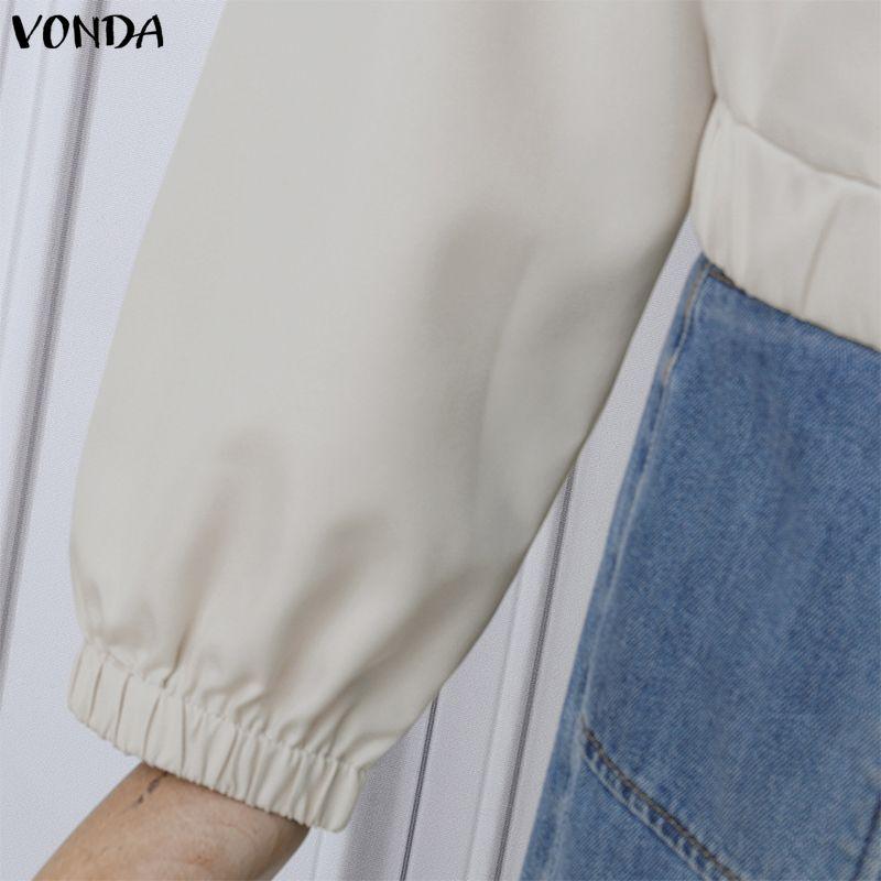 VONDA Spring Women Lapel Neck Long Sleeve Zip-up Thin Casual Cropped Jackets Coats