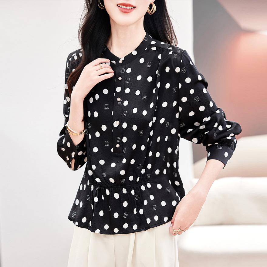 

Женская шелковая рубашка в горошек, новая весенне-летняя рубашка с принтом, топ из шелка тутового дерева 3XL