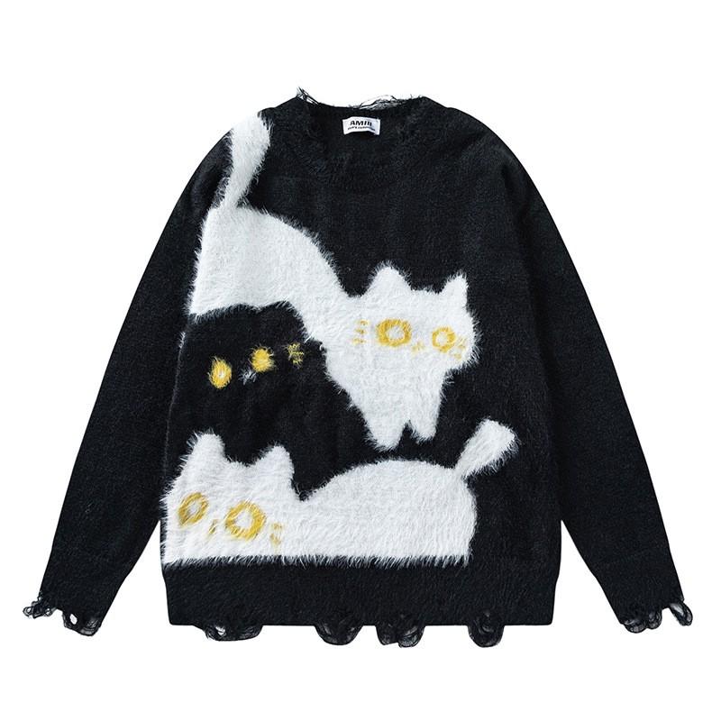 Pull Jacquard Chat Vintage Style Collège Unisexe Hiver Chaud Coupe Ample Pullover Jeune
