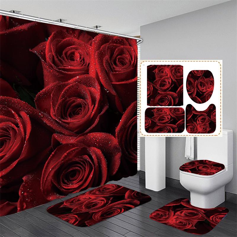 Valentine's Day Bathroom Bathing Waterproof Shower Curtain Home Entrance Doormat Bathtub 4Pcs Set Toilet Seat Cover Rugs Bath Non-Slip Floor Mat Love