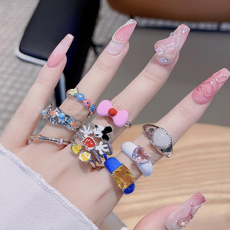 Mickey Love Enamel Oil Drop Bow Stacked Wearing High-End Open Ring Personality Niche Design Ring Woman