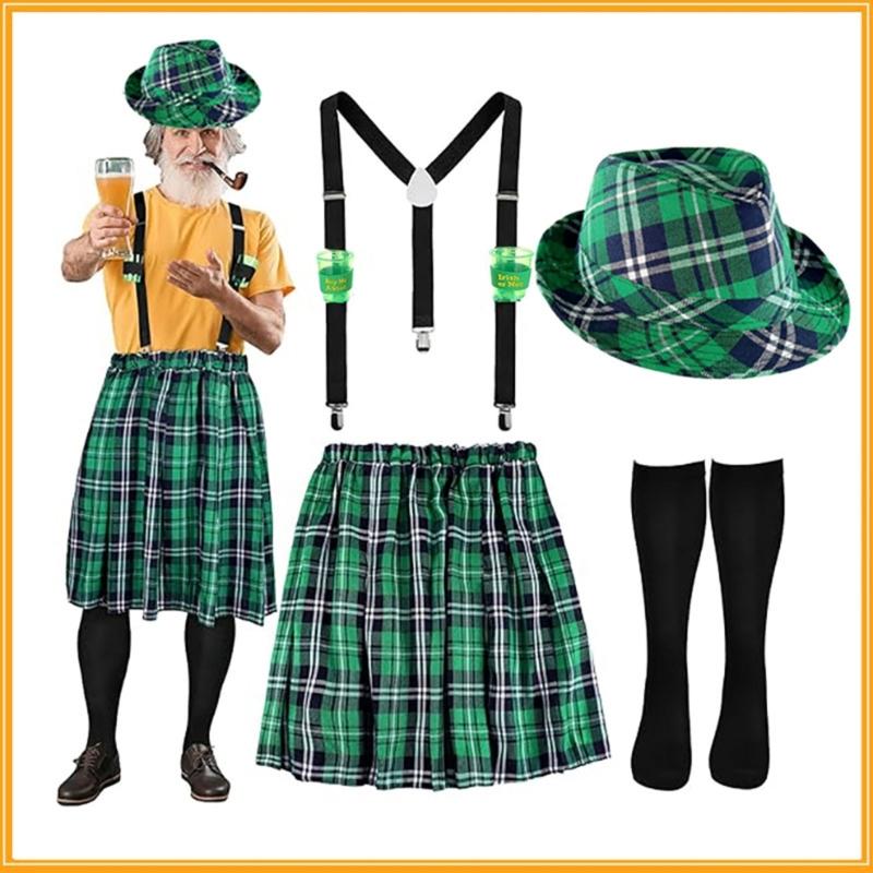 Patrick's Day Bartender Costume Irish Festival Outfits for Adult with Hat Skirt Men Brace Suspenders Stocking for Men