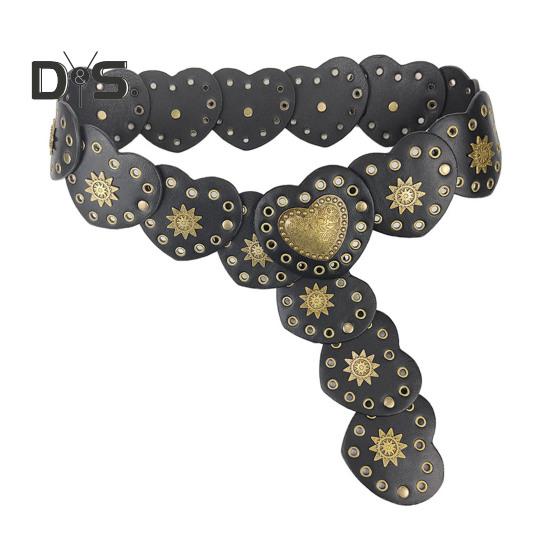 Retro Western Cowboy Belt Hollow Hole Metal Heart Stitching Waistband Solid Color Faux Leather Adjustable Belt Costume Accessories