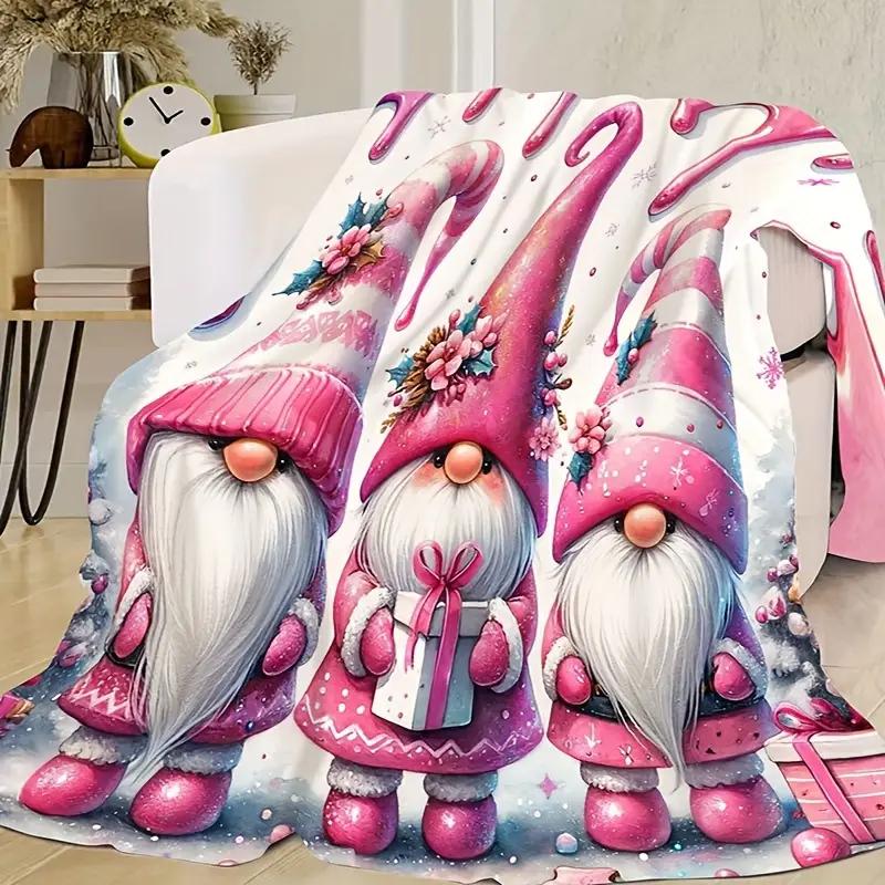 Cozy Christmas Gnome and Bell Print Flannel Blanket - Soft, Warm, and Versatile for Sofa, Office, Bed, Camping, and Travel