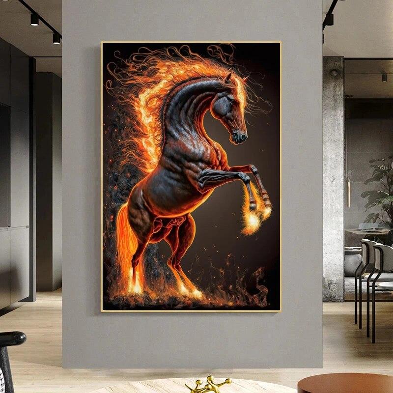 Abstract Running Horse with Fire Canvas Painting Modern Animal Pictures Poster and Prints Wall Art for Home Living Room No Frame