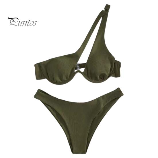 2Pcs/Set Women Sexy Bikini Set Solid Color One-shoulder Bra High Waist Briefs Set Quick Drying Swimsuit Beachwear