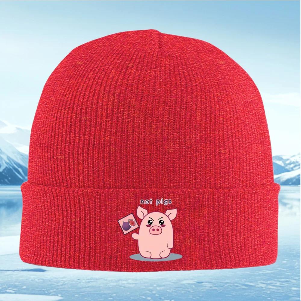 Pig holds fruit saying not pigs Unisex Women Unisex Knitted Hat Beanie Pullover Cap Winter Thermal Warm Christmas Outdoor Cycling H