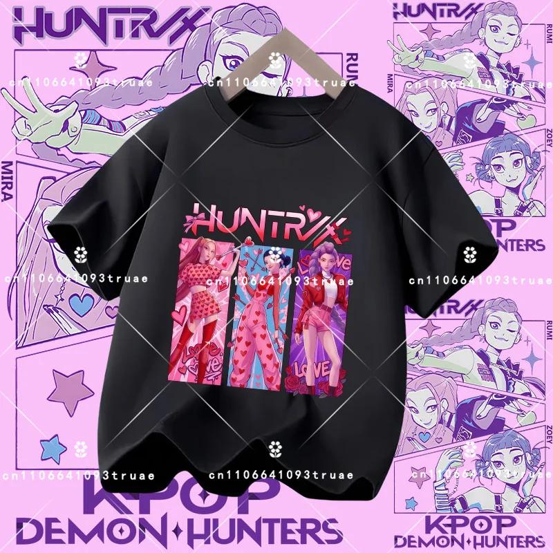 Polyester short-sleeved K-pop Demon Hunter girl cute sports shirt for children aged 1-12. Summer T-shirt. Casual top. Cartoon print
