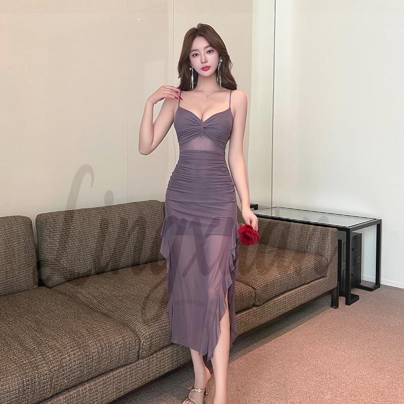 Sultry Mesh Low-Cut Slim-Fit Pleated Slit Dress