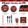 Mpanwen Red Video Game Party Supplies - 212Pcs Gamer Gaming Party Decoration For Boys Birthday Party - Table Cover, Plates, Cups, Napkins, Utensils,