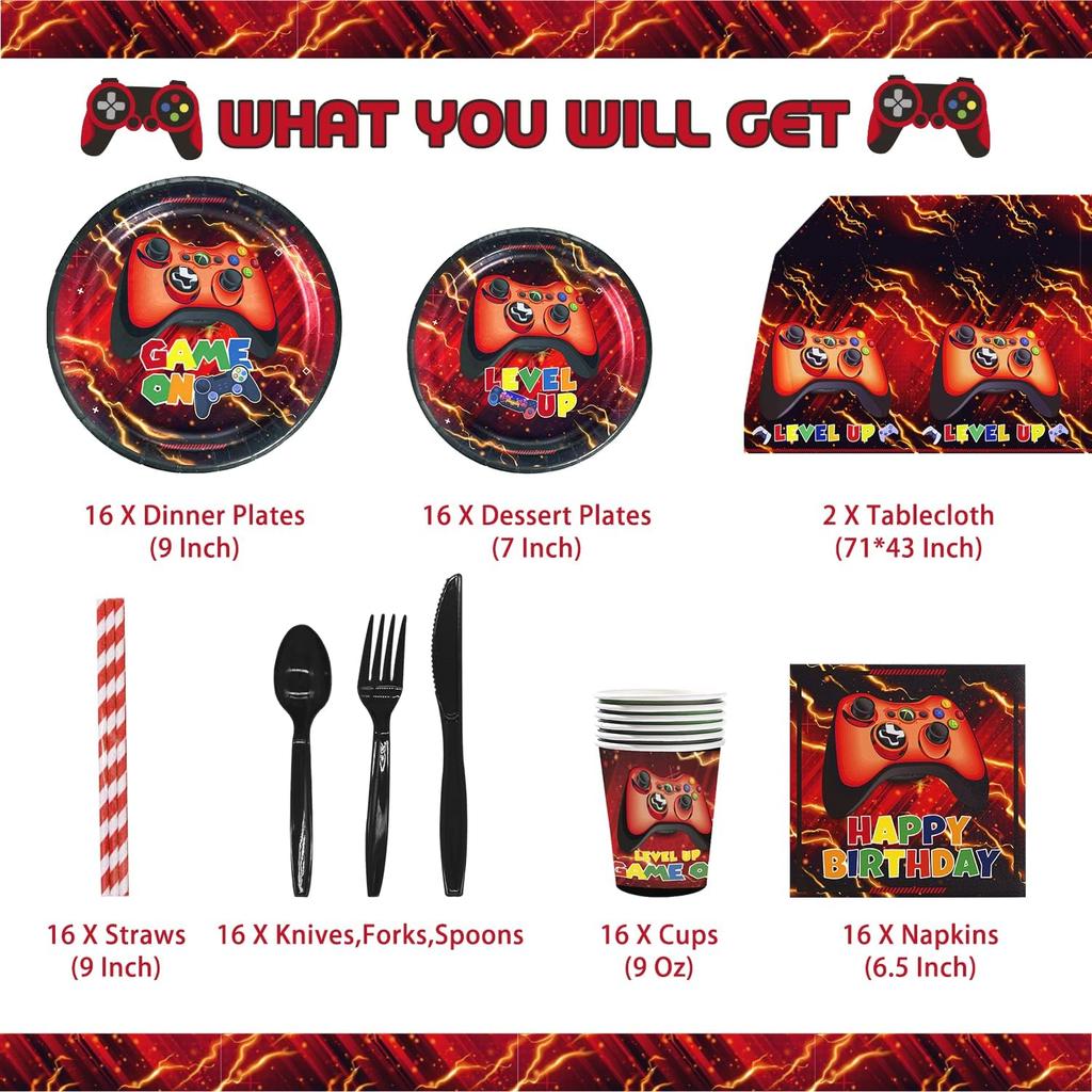 Mpanwen Red Video Game Party Supplies - 212Pcs Gamer Gaming Party Decoration For Boys Birthday Party - Table Cover, Plates, Cups, Napkins, Utensils,