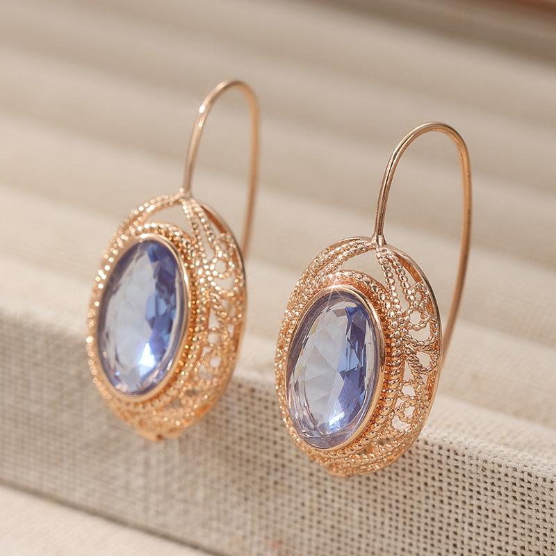 Exquisite Sparking Oval Red/Blue Synthetic Zirconia Dangle Earrings for Women Rose Golden Plated Banquet Wedding Jewelry Crafts