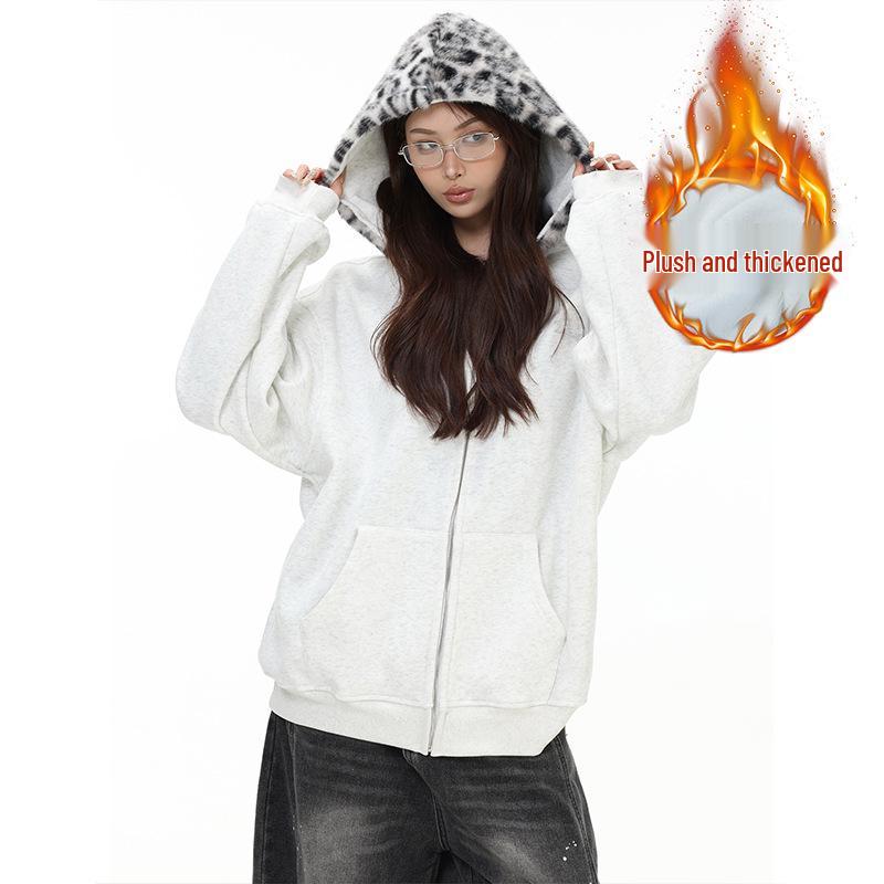 

Velvet Embroidered Women s Hooded Zip-Up Cardigan - Plus Size, Loose Fit, Warm Autumn Hoodie 1 сірий колір/білий