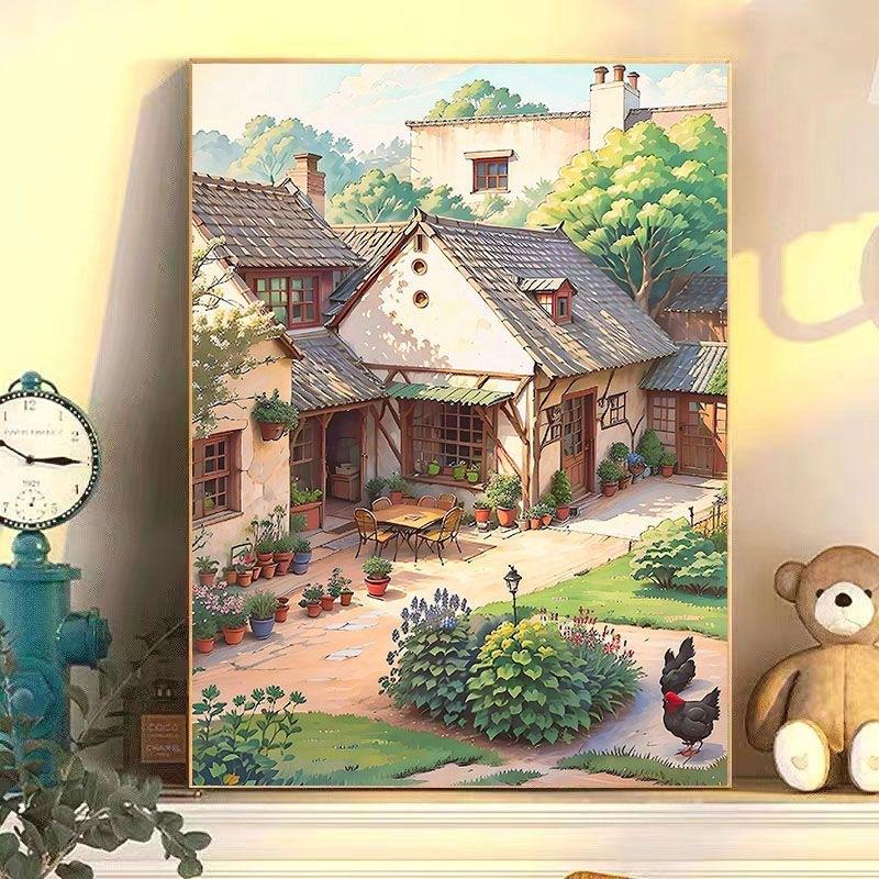 Diy Digital Oil Painting Factory Hand Coloring Rural Retro Courtyard Oil Painting Stall 30*40 only one canvas + paint