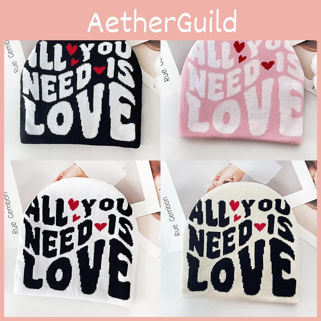 Simple Blocked Color Letter And Heart Pattern Women Casual Warm Hat Knitted