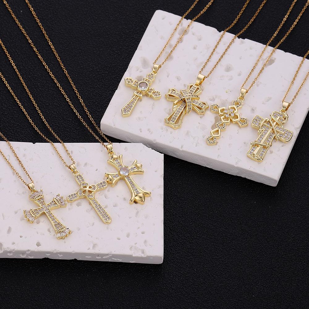 Micro-Set Zircon Cross Pendant Necklace For Women Fashion Versatile Collarbone Chain