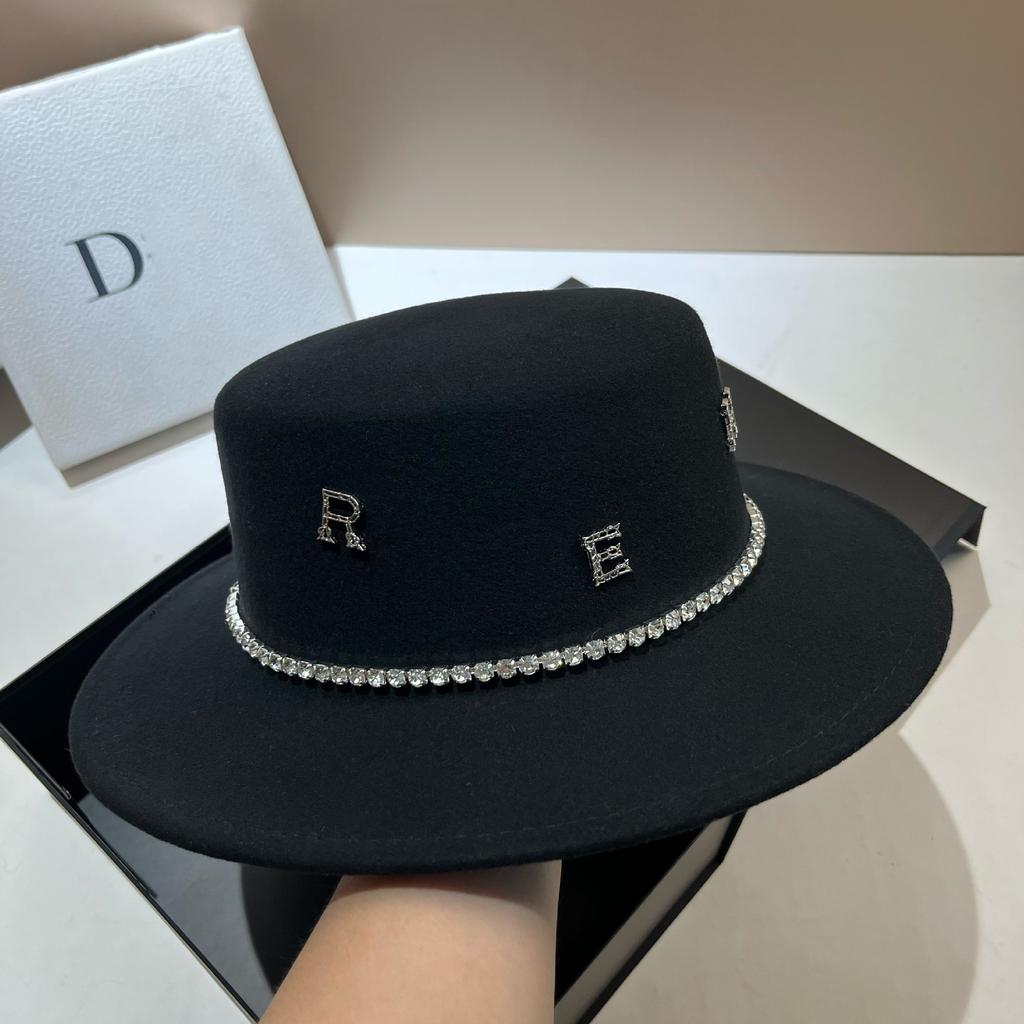 French Hepburn Pure Wool Rhinestone Top Hat Autumn And Winter New Light Luxury Celebrity Style Elegant Letter Wide Brim Flat Top Hat Women