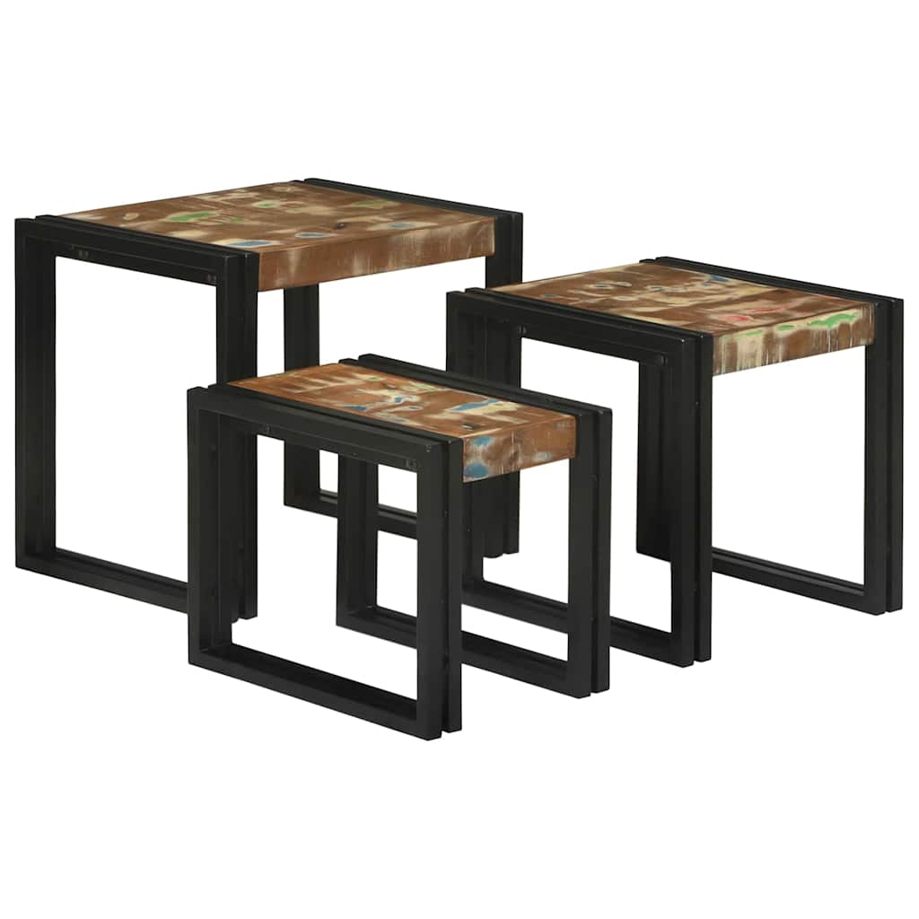 Nesting Table Set 3 Pcs Solid Recycled Wood and Metal