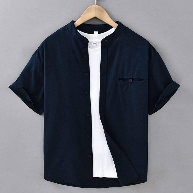 Summer Chinese Style Retro Stand Collar Linen Shirts Men's Loose Casual New Chinese Cotton Linen Short sleeve Shirt Thin