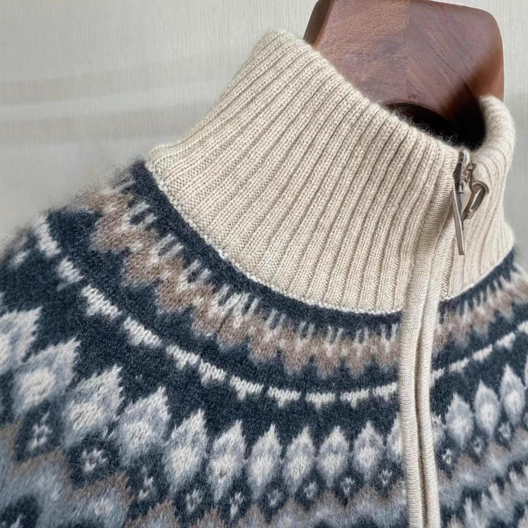 

Женский красный кашемировый свитер на молнии в стиле Fair Isle - Теплый, плотный, вязаный из шерсти с высоким воротником Large