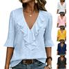 Women’s Elegant Ruffle V Neck Embroidered Blouse with Five Quarter Sleeves and Floral Pattern for Casual and Office Wear