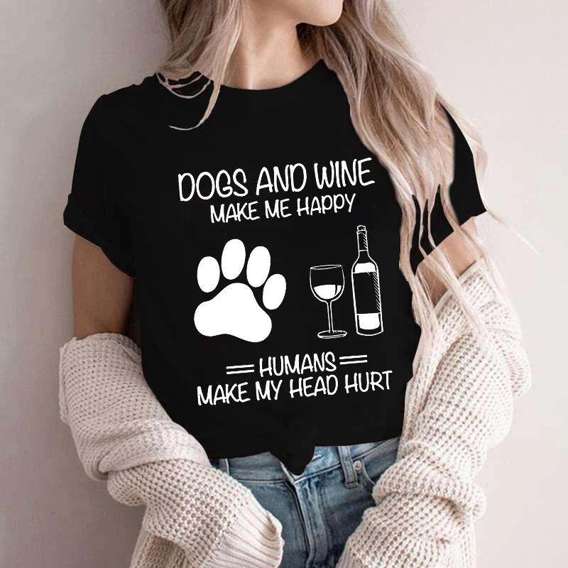 Unisex Dog Mom Print T Shirt Dog Mom Shirt Wine Lover Tshirt Dogs and Wine Shirt Graphic Girls Clothes Causal Female Y2K Tops Tee