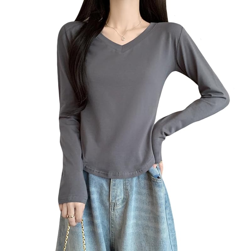 

[ODFMCE] ladies t-shirt long sleeve spring v neck cotton Plain color Fashionable Beautiful (JP, alphabet, XL, gray)