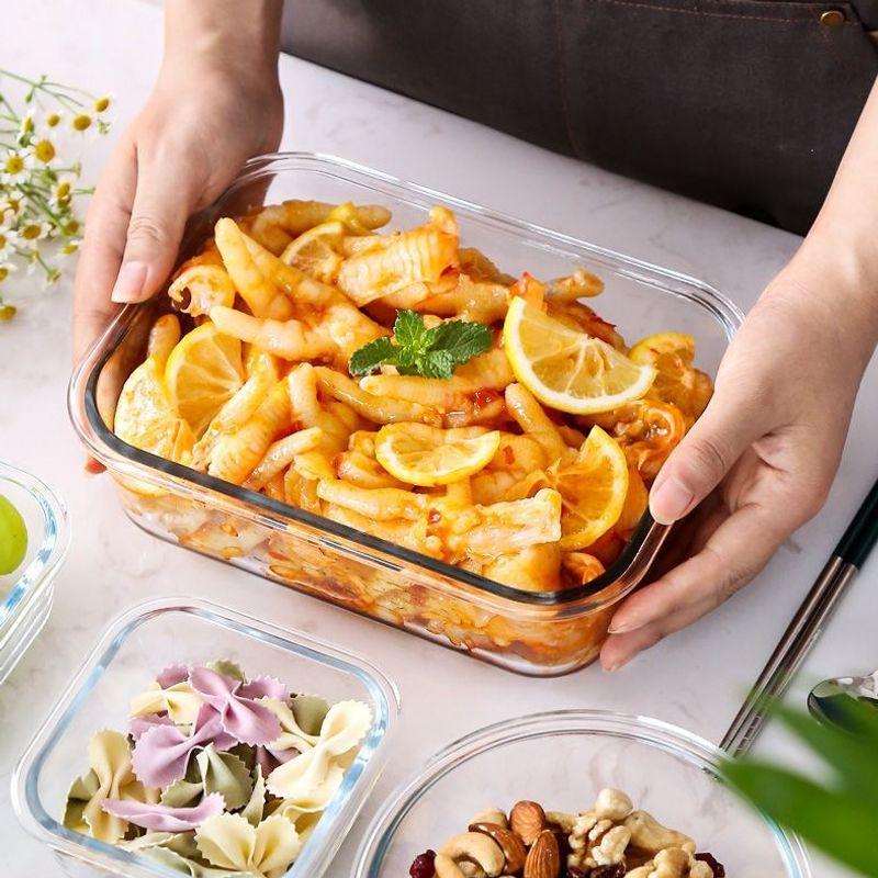 Microwaveable Transparent Glass Bento Lunch Box with Lid and Fresh-Keeping, Includes Damage Compensation.
