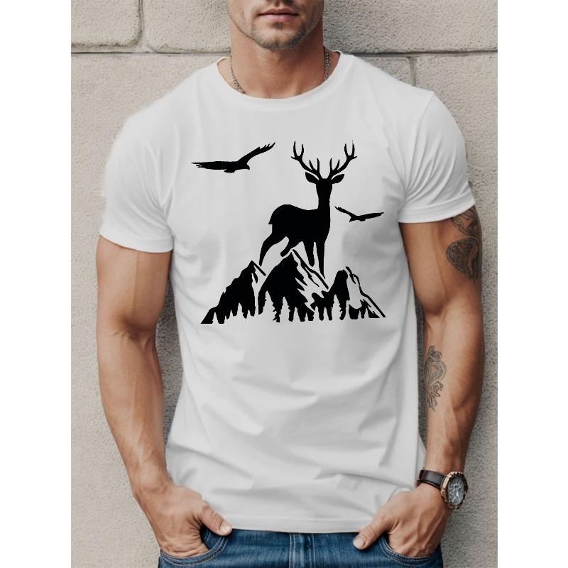 

European sizes Men S Casual Crew Neck T-Shirt with Deer and Bird Silhouette, Summer Knit Cotton Top, Regular Fit, Slight Stretch, Geometric Pattern 4XL білий