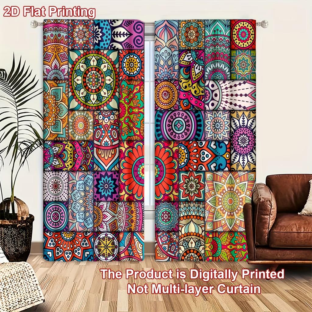 2PC Bohemian Mandala Patchwork Curtains - Vibrant Hippie Print Window Drapes for Living Room Bedroom Decor