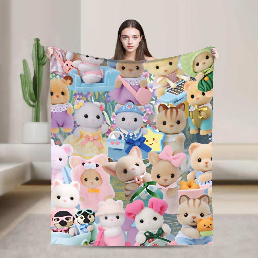 Cute Sylvanian Families Soft Warm Blankets Camping Plush Throw Blanket Funny Bedroom Flannel Bedspread Sofa Bed Cover