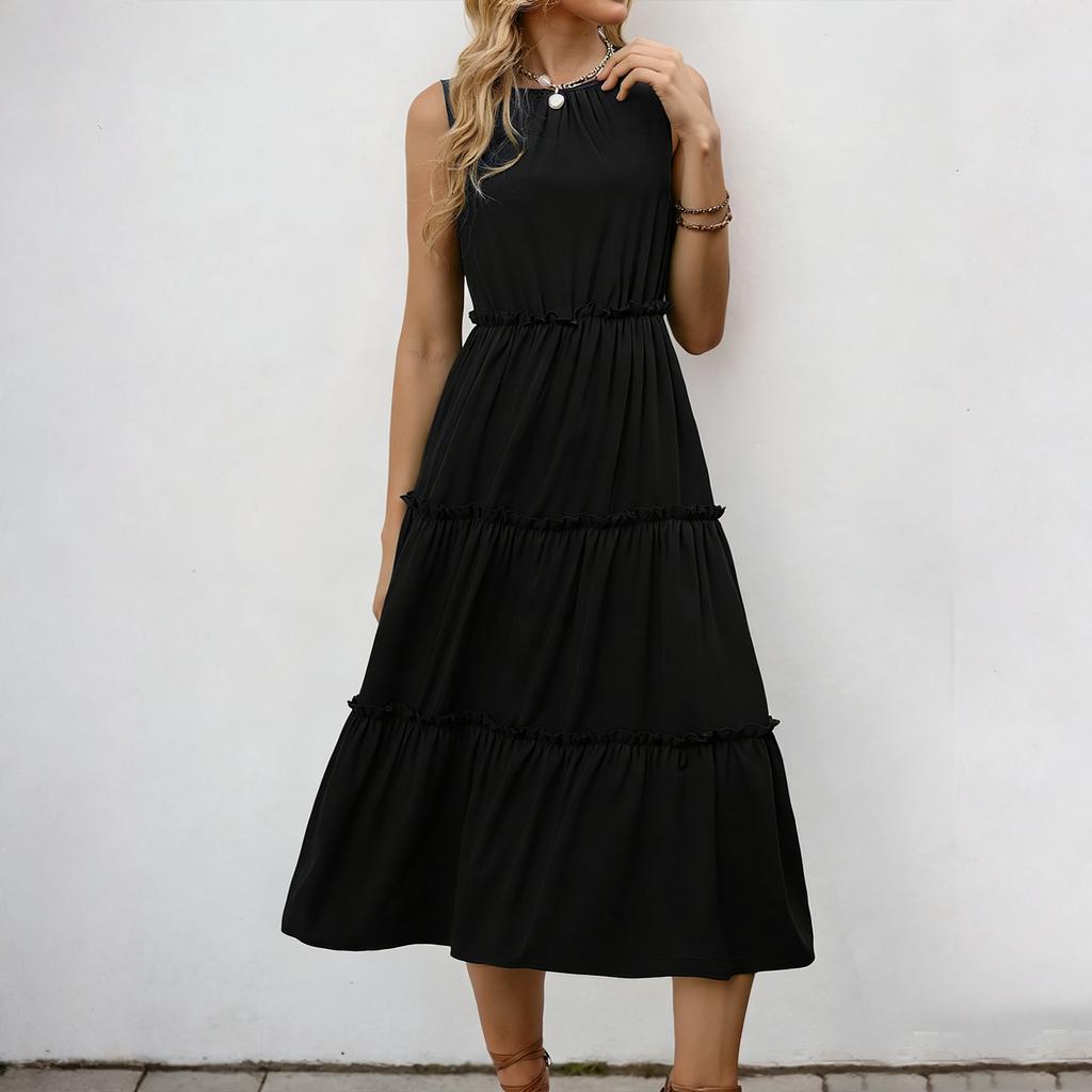 Sleeveless Women's Dress Casual Flowy A-Line Midi Tshirt Dresses With Pockets Crewneck Vocation Boho Beach Sundress