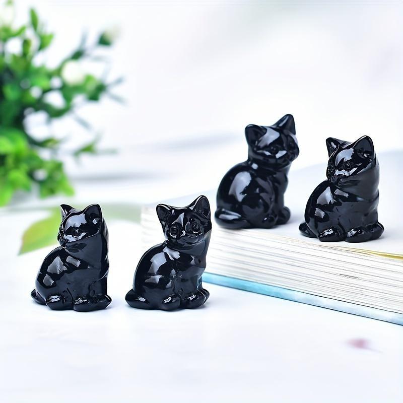 1 Unique Crystal Gift of Handmade Mini Desktop Decoration of a Natural Obsidian Dongling Carved Cat Statue