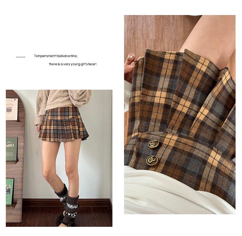 Women's Slimming High-Waist Retro Plaid Wool Skirt - Spring College Style A-Line Pleated Short Skirt