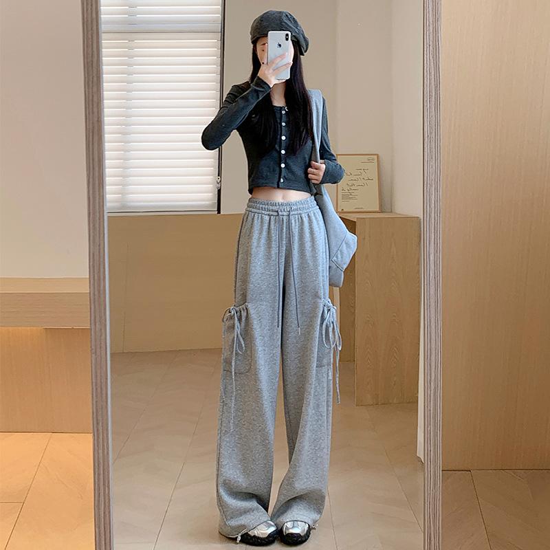 

Grey bow sweatpants women s autumn new high-waisted wide-leg sweatpants casual straight tooling trousers S светло-серый