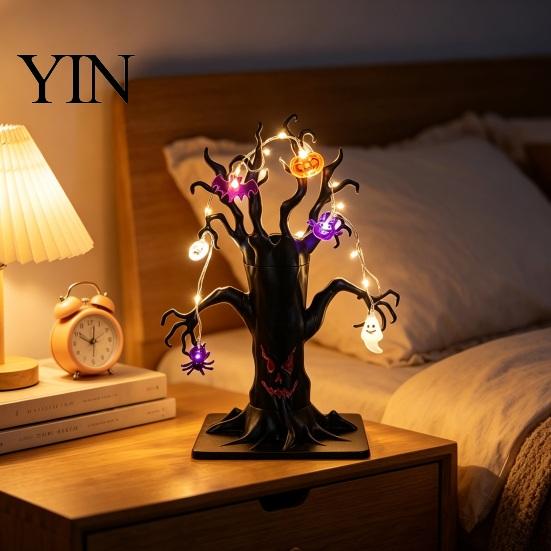 Decorative Resin Tree for Home Lighted Halloween Spooky Dead Tabletop Decor, Ghost Face Haunted Themed Showcase Decor with Pumpkin Spider LED