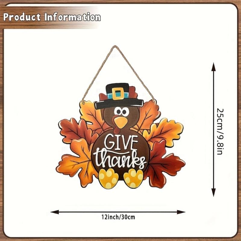 Thanksgiving Turkey Sign Decoration Handmade Wood Front Door Hanger Festival Wall Hanging Wreath Accessory with Lanyard