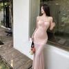 Temperament Celebrity Women's Summer Fashion Design Sense Mesh Waist Long Dress Sexy Backless Sweet Suspender Dress
