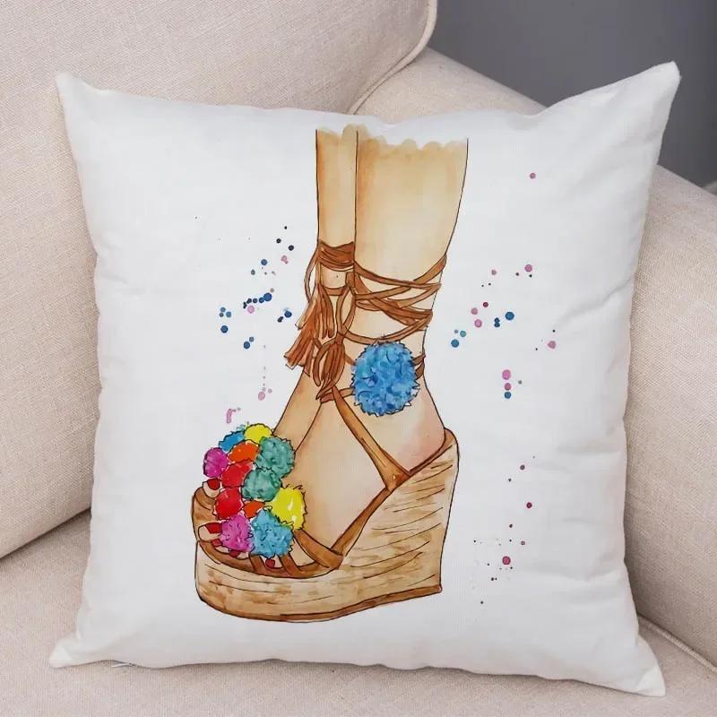 Lady High Heel Shoes Print Cushion Cover for Car Sofa Home Super Soft Short Plush Pillow Case Decor Cartoon Pillowcase 45*45 Cm