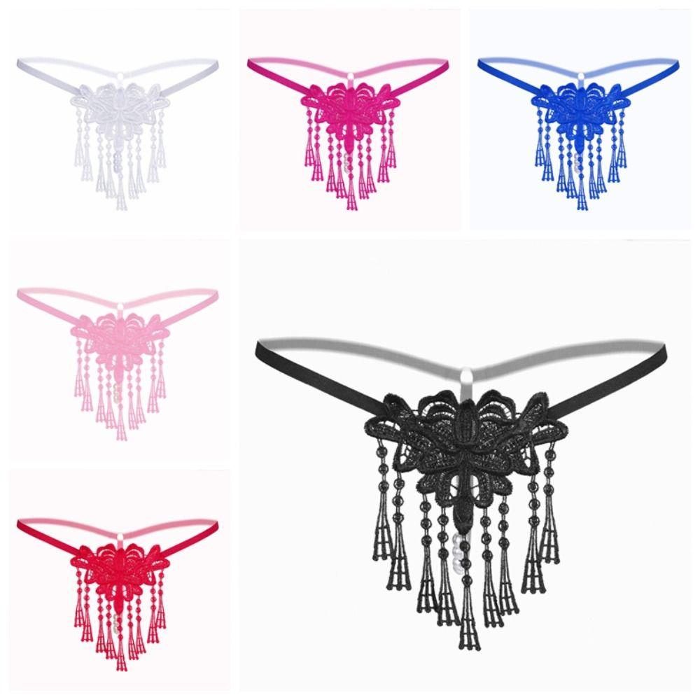 Tassel Lace Flower Panties Pearl Transparent T-Pants Cute Mesh Thongs  Women